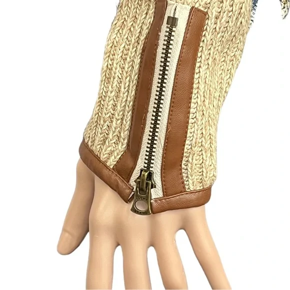 NWOT Lucky Brand Open Faux Leather Edged Sweater, Browns |M - Picture 8 of 15